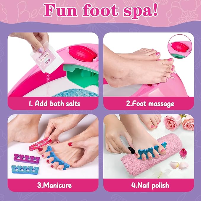Kids Foot Spa & Nail Kit Set, Kids Spa Day Kit for Girls, Massage Foot Soak Tub and Nail Dryer, Manicure Pedicure Art Salon Girl Gift for 5-12, Christmas Birthday Gifts