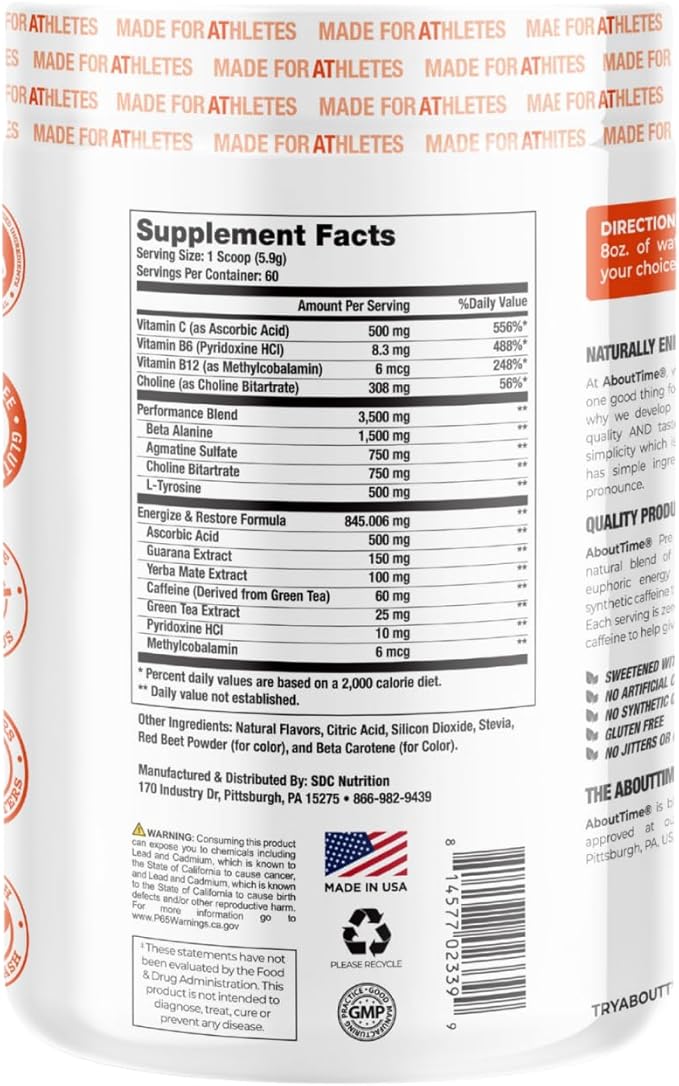 About Time Pre Workout Energy + Focus, Passion Fruit | 60mg Caffeine from Green Tea, Natural Flavors, No Jitters or Crashes, No Stim, Gluten Free, Sugar Free, 60 Servings