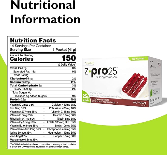 Z-Pro Red Velvet Protein Drink Mix - High Protein, Low Calorie Low Fat Shake and Pudding Mix - Meal Replacement, On-The-Go Packets - Breakfast Boost - 25g Protein - 14 Packets
