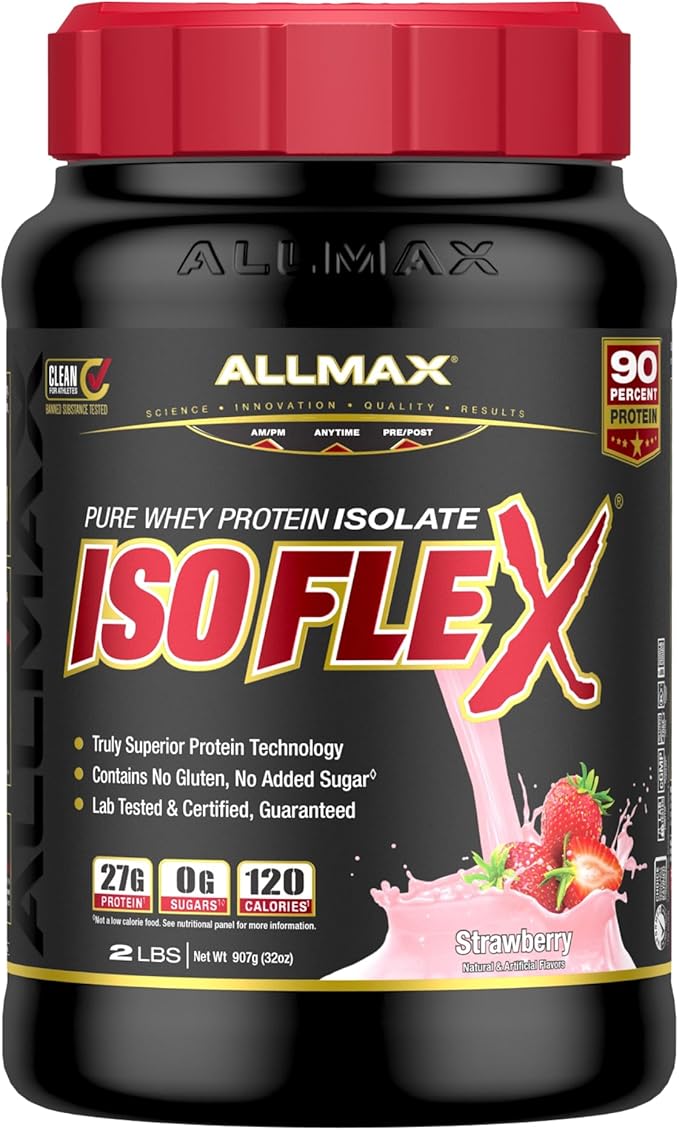 ALLMAX Nutrition ISOFLEX Whey Protein Isolate, Strawberry - 2 lb - 27 Grams of Protein Per Scoop - Zero Fat & Sugar - 99% Lactose Free - Gluten Free & Soy Free - Approximate 30 Servings