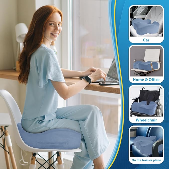 BlissTrends Seat Cushion,5.2in Thick Memory Foam Cushions for Office Chair, Car Seat, Airplane, Relieving Pressure Tailbone Sciatica Back Pain for Long Sitting Office Workers, Car Drivers LightBlue