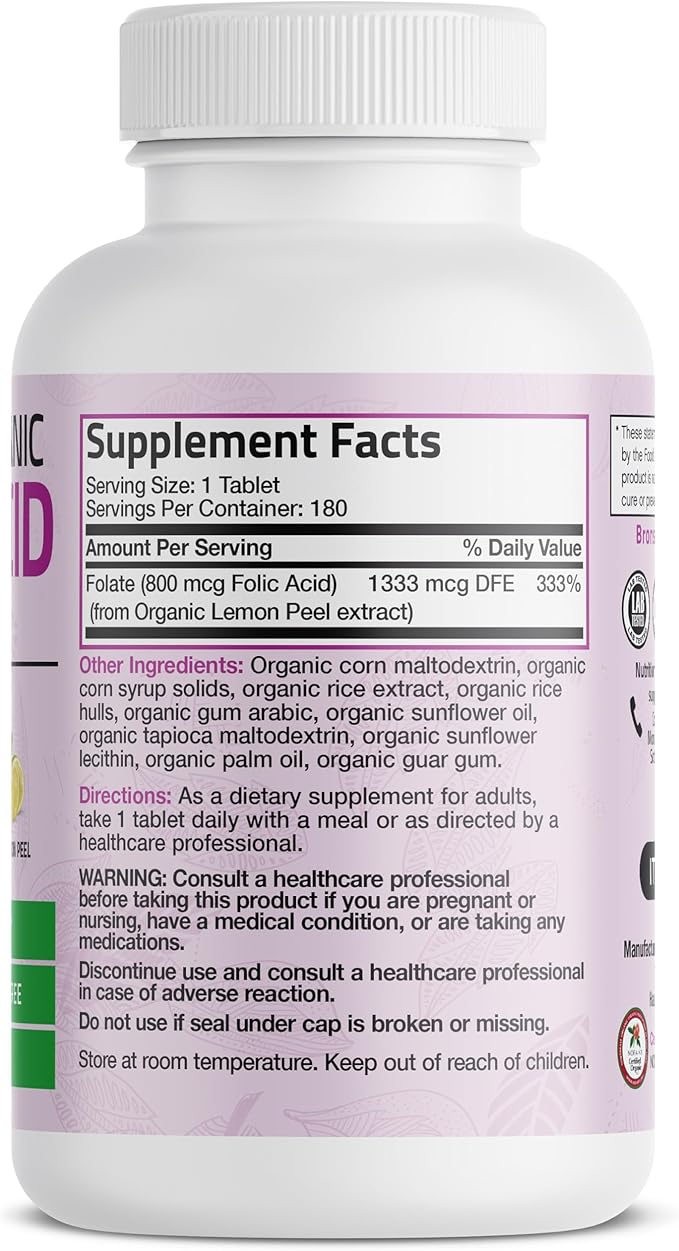 Bronson Organic Folic Acid (Vitamin B9 Folate) 800 mcg Folate from Lemon Peel, 180 Tablets