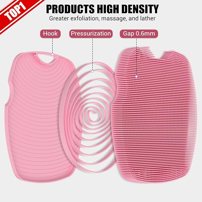 Silicone Body Scrubber Anti Slip for Shower,Zinc Infused Soft Bristles Shower Scrubber for Body Exfoliator,Hygienic,Blood Circulation - Pink