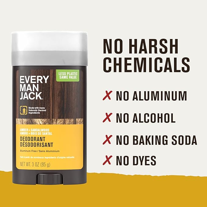 Every Man Jack Amber + Sandalwood Men’s Deodorant - Stay Fresh with Aluminum Free Deodorant For all Skin Types - Odor Crushing, Long Lasting, with Naturally Derived Ingredients - 3oz (2 Pack)