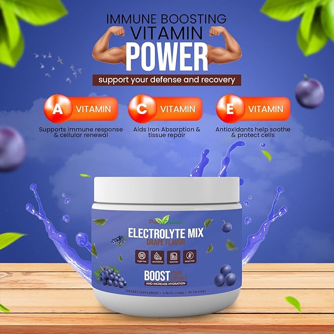 Electrolyte Powder - Refreshing Workout Recovery Electrolytes, Sugar Free, Gluten Free & Vegan, Pure Keto & Paleo Hydration Beverage, Immune Boosting Vitamins (198 Grams, Grape)