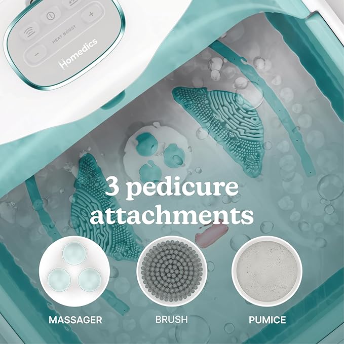 Homedics Smart Space Deluxe Footbath with Heat Boost, Patented Collapsible Design, Invigorating Bubble + Vibration Massage, 3 Pedicure Attachments, Safety-Lock System, Includes Bath Salts