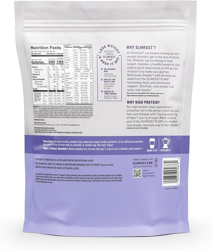 SlimFast High Protein Meal Replacement Powder, Advanced Nutrition Smoothie Mix with Vitamin and Mineral Blend, Gluten Free, Creamy Milk Chocolate, 26 Servings