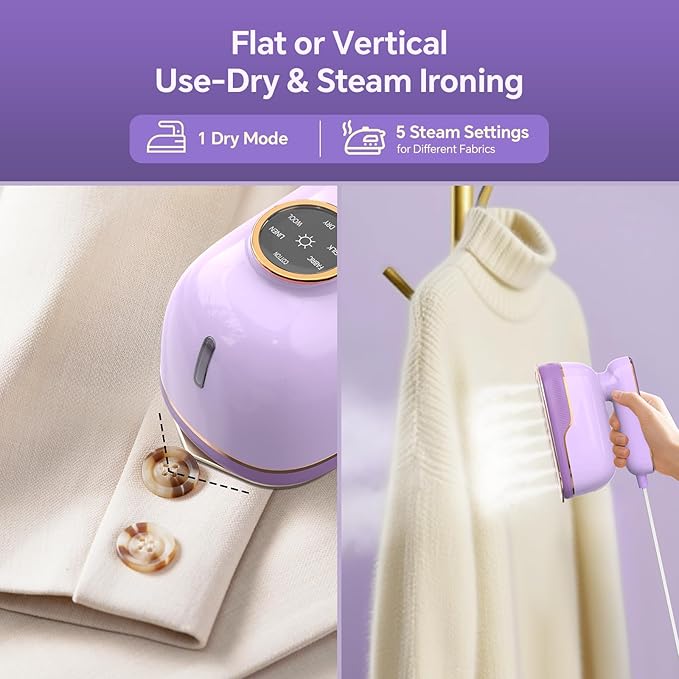Travel Steamer Iron for Clothes, Portable 2-in-1 Dry & Steam Iron, 6 Smart Modes, 180° Rotatable Handle, 15s Fast Heat-Up, 15min Continuous Steam, Mini Steamer for Home & Travel