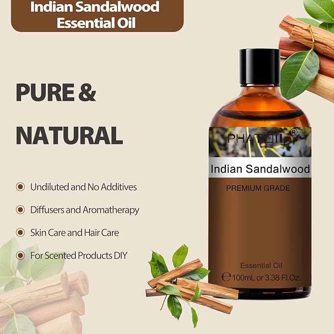 Indian Sandalwood Essential Oil, Pure Premium Natural Oil for Hair Care, Body Skin Care, Aromatherapy, DIY Candle, Soap Making 3.38Fl Oz