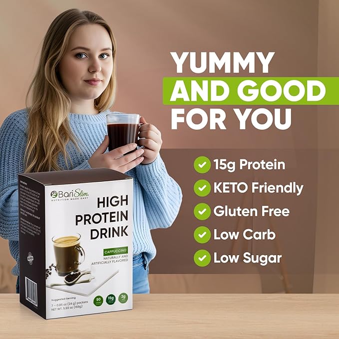 BariSlim Bariatric High Protein Drink Mix - Promotes Muscle Recovery & Healthy Lifestyle - Low Sugar & Low Carb - Ideal for Bariatric Patients & Post-Weight Loss Surgery Support | Cappucinno (9 oz)