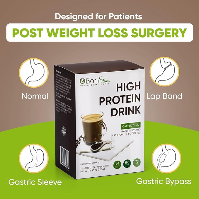 BariSlim Bariatric High Protein Drink Mix - Promotes Muscle Recovery & Healthy Lifestyle - Low Sugar & Low Carb - Ideal for Bariatric Patients & Post-Weight Loss Surgery Support | Cappucinno (9 oz)