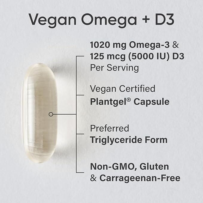 Sports Research Vegan Omega-3 with Vitamin D3 Softgels - 1020mg Omega-3 & 5000iu D3 Supplement - Fish Oil Alternative with Vitamin D - Plant-Based Support from Algae Oil - 60 Veggie Softgels for