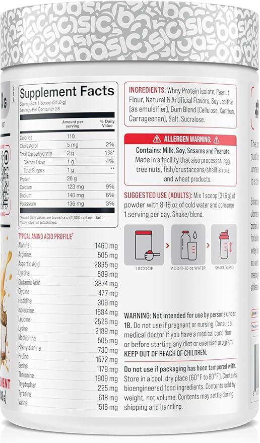Basic Whey Protein Isolate, 26g Protein, 0g Fat, Gluten-Free, RBST-Free, Rapid Absorption, 110 Calories (2 Pound, Peanut Butter Cookie)