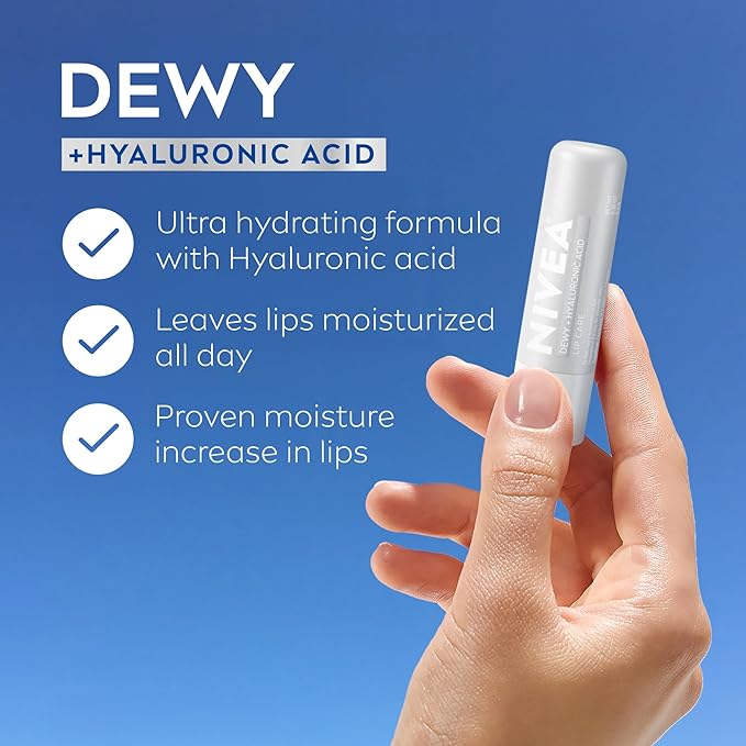 NIVEA Dewy Lip Balm with Hyaluronic Acid, Lightweight and Ultra-Hydrating for All Day Moisture, Leaves Visibly Less Noticeable Lip Lines and No Waxy Feel, 0.18 Oz, Pack of 4