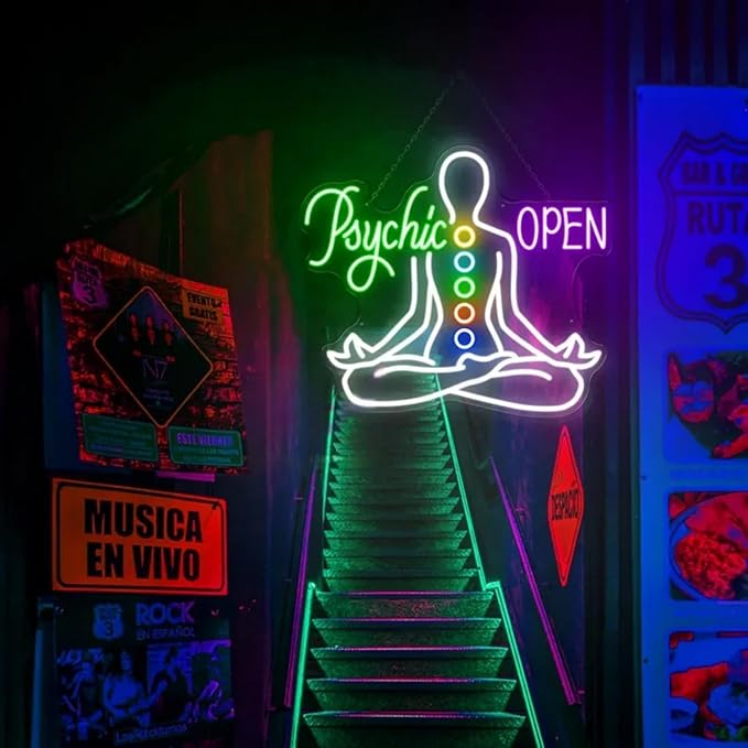 Psychic Open Neon Sign Charka Neon Light, Yoga Led Sign, Exercise Room Wall Decor, Buddha Lotus, Pilates Studio Art Meditation Room Wall Art Yoga Lover Gift, Psychic Chakras Healing Exercise