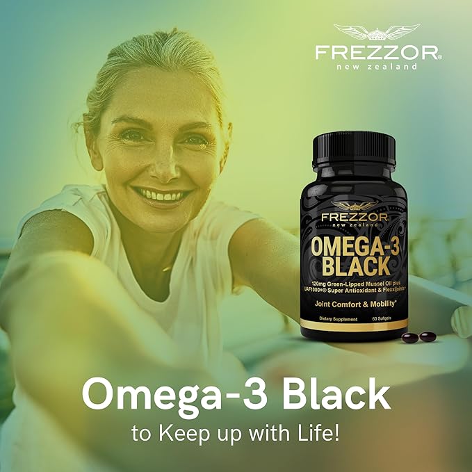 FREZZOR Omega 3 Black for Joint Care & Comfort - New Zealand Green Lipped Mussel Oil Capsules; 53x Higher Potency with UAF1000+ Super Antioxidant, No Fishy Aftertaste, 60 Count (Pack of 2)