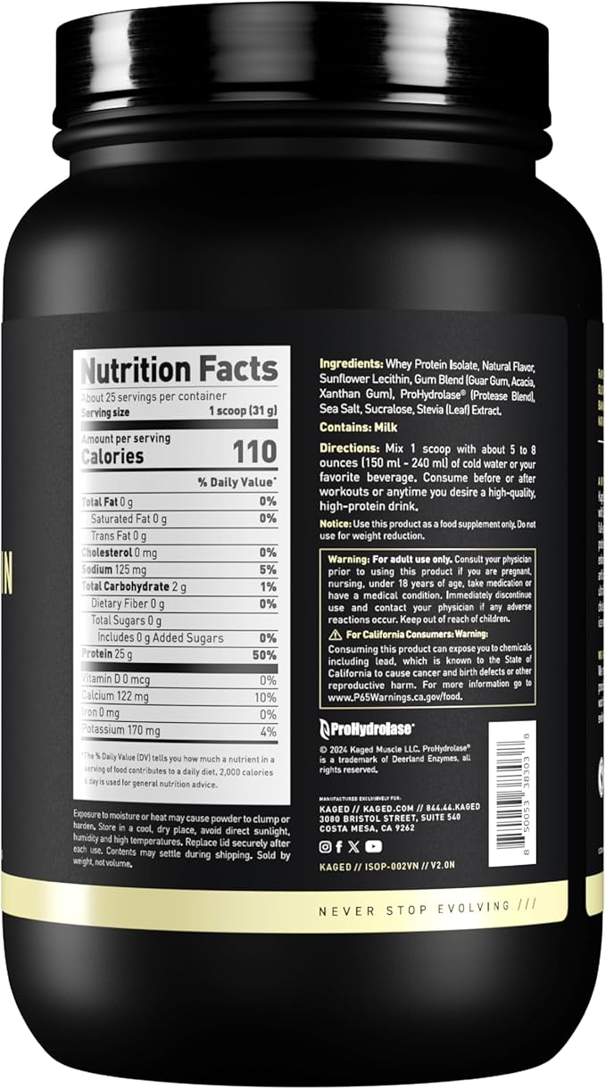 Kaged Whey Protein Isolate Powder Vanilla 100% Pure Low Lactose Whey Post Workout Recovery Drink Supports Muscle-Building 25g per Serving 41 Servings