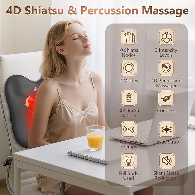 Back Massager with Heat, Shiatsu and Percussion Massage, Cordless Lower Back Massage for Pain Relief Deep Tissue, 4D Neck Massager and Massage Pillow for Shoulder, Black