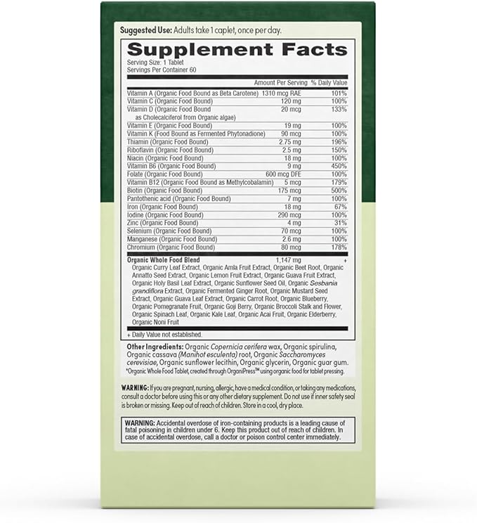 Prenatal Once Daily Multivitamin for Women for Conception, Pregnancy, Postpartum & Breastfeeding, Folate, Iron & Organic Whole Food Blend, Vegan, 60 Count
