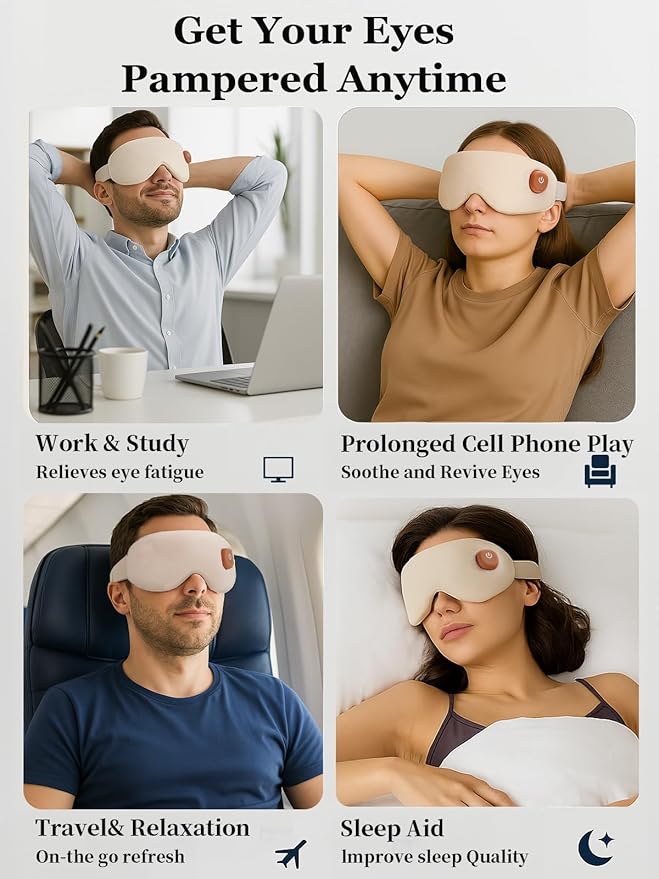 Cordless Heated Eye Mask, Warm Eye Compress for Dry Eyes, Light Blocking Heat Eye Mask for Women Men, Washable Eye Heating Pad for Travel, Dry Eyes, Blepharitis, Sinus Migraine (Beige White)
