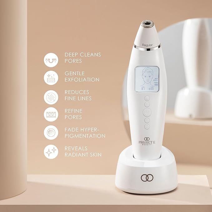 Reinvo Facial Microdermabrasion Wand by Project E Beauty | Gentle Exfoliation | Reduce Wrinkles & Fine Lines | Decrease Pores | Fresh & Radiant Skin | 4 Interchangeable Heads | Vacuum Suction Device