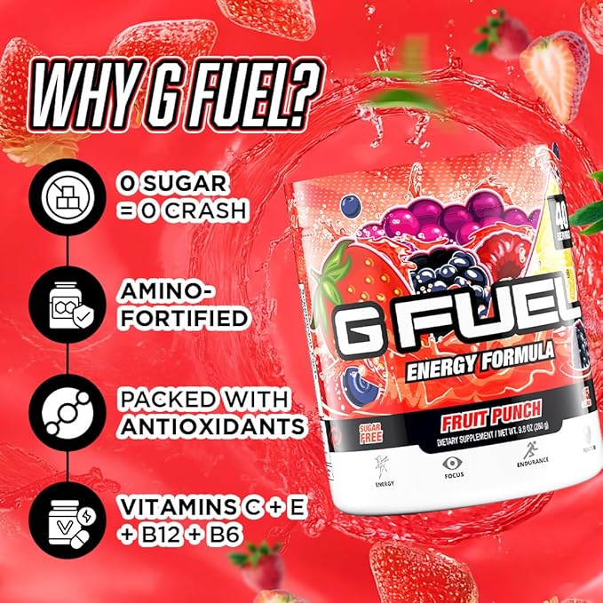 G Fuel Fruit Punch Energy Drink Powder, Pre Workout Caffeine Mix for Gaming, Sugar Free Focus Amino, Vitamin + Antioxidants, 9.9oz (Fruit Punch, 40 Servings)