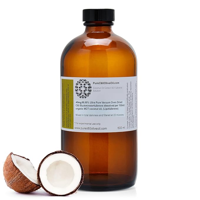 PureC60OliveOil C60 Organic MCT Coconut Oil 500ml / 16.9 Fl Oz - 99.95% Carbon 60 Solvent Free 200mg - Amber Glass Bottle - Carbon 60 Coconut Oil - From The Leading Global Producer