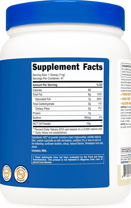 Nutricost Premium MCT Oil Powder (1 LB, Vanilla) - Best for Keto, Ketosis, and Ketogenic Diets - Zero Net Carbs, Non-GMO and Gluten Free, Medium Chain Triglyceride