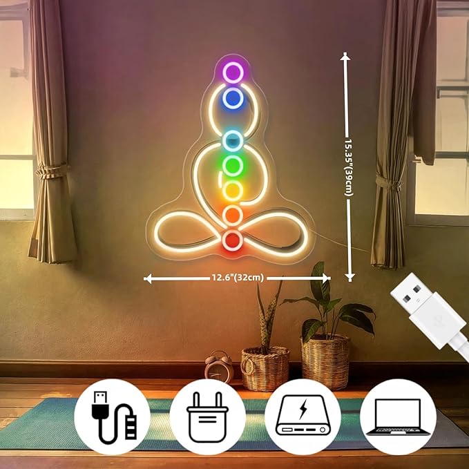 Seven Chakras Meditation Neon Sign Custom Yoga Studio Logo LED Sign Chakras LED Neon Pilates Studio Art Meditation Room Wall Art Yoga Lover Gift, Psychic Chakras Healing Exercise, Peaceful Sign
