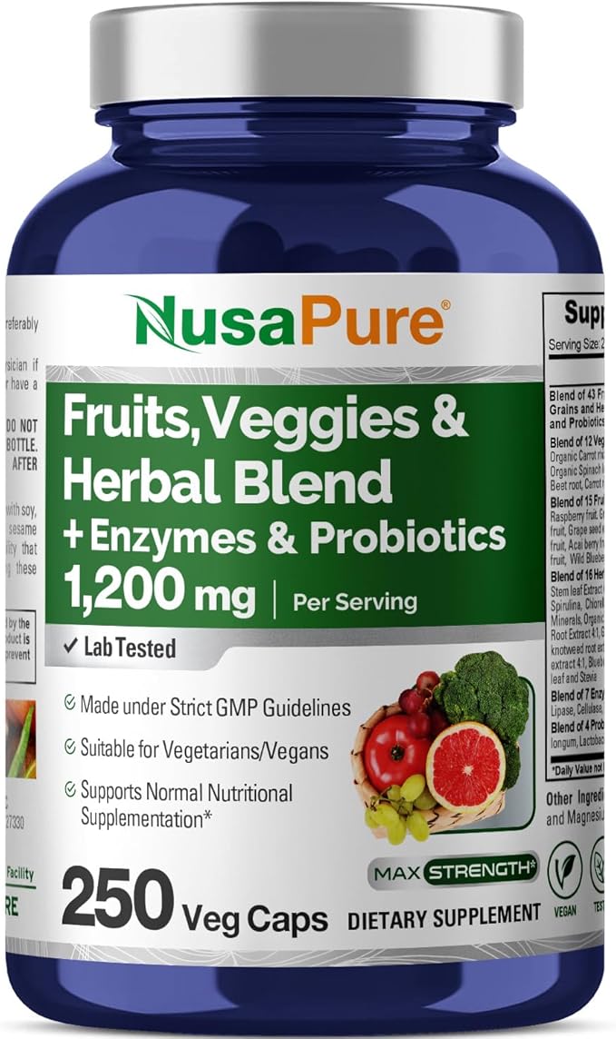 NusaPure Fruits and Veggies Supplement 1200 mg 250 Capsules - 43 Fruits & Vegetables,11 Enzymes, Probiotics (Vegan/Vegetarian, Non-GMO)