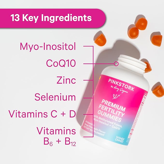 Pink Stork Fertility Gummies for Women – Pineapple Mango Flavor, Conception Support with Myo-Inositol, CoQ10, Folate, Zinc, Vitamin D, B6, B12 – Hormonal & Reproductive Health Supplement – 60 Gummies