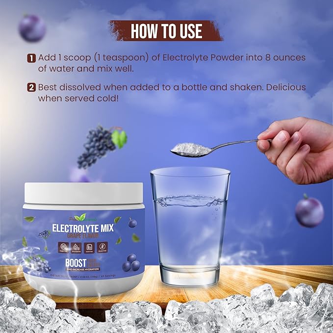 Electrolyte Powder - Refreshing Workout Recovery Electrolytes, Sugar Free, Gluten Free & Vegan, Pure Keto & Paleo Hydration Beverage, Immune Boosting Vitamins (198 Grams, Grape)