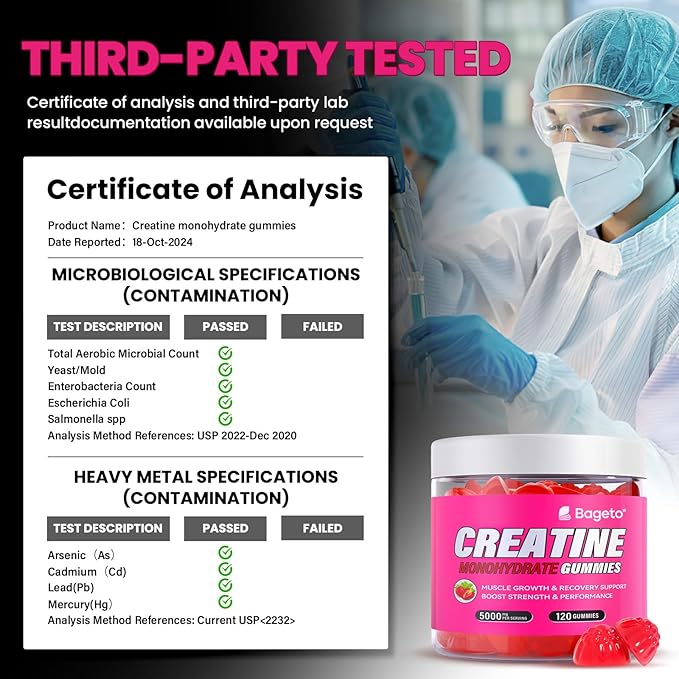 Creatine Monohydrate Gummies 5g for Men Women,Sugar Free Chewables Creatine Pre-Workout for Muscle Strength, Strawberry and Green Flavor, 120 Count