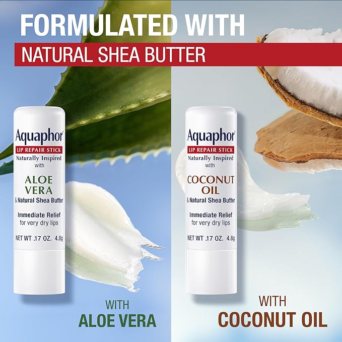 Aquaphor Lip Balm Set - Naturally Inspired Lip Repair With Shea Butter, Coconut Oil (0.17 Oz) + Aloe Vera (0.17 Oz)