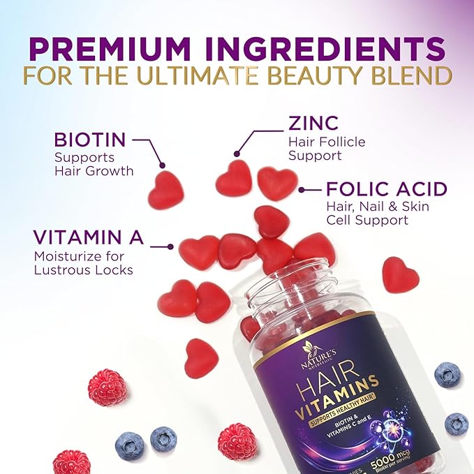 Hair Vitamins Gummies with Biotin 5000 mcg - Stronger, Radiant Hair, Skin & Nails Supplement - Vitamin E & C, Hair Growth Support Vitamin for Women & Men, Non-GMO & Gluten Free - 60 Gummies