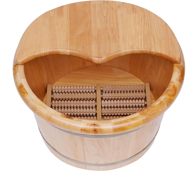 Wooden Foot Bath Bucket Foot Soaking Bath Basin with Lid Wood Footbath Barrel with Massage Roller Pedicure Barrel for Spa, Massage, Sauna 12.2 * 9.84in (Log Color)