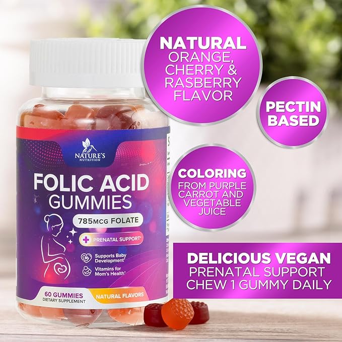 Folic Acid Gummies for Women 785 mcg, Essential Prenatal Vitamins for Mom & Baby, Vegan Folic Supplement Gummy, Daily Vitamin B9 Extra Strength Folate, Before During After Pregnancy - 60 Gummies