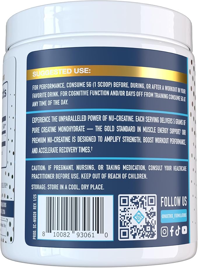 Nu-Creatine Pure Monohydrate to Support Muscle Growth & Recovery - Supports Cognitive Function - Maximize Your Performance and Workout - 5g per Serving - 50 Servings