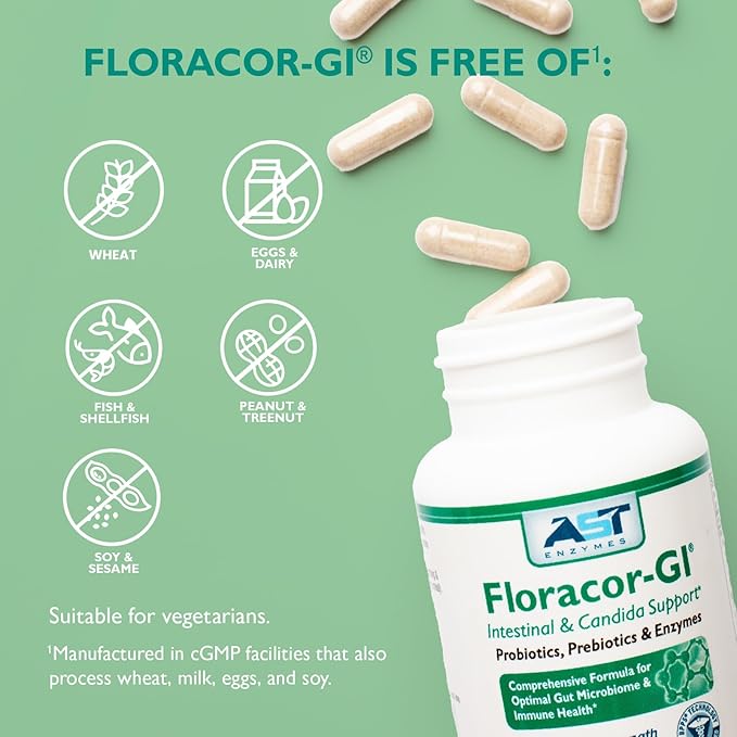 Floracor - Supports Gut & Intestinal Health - Premium Probiotic, Prebiotic and Enzyme Formula - 60 Vegetarian Capsules