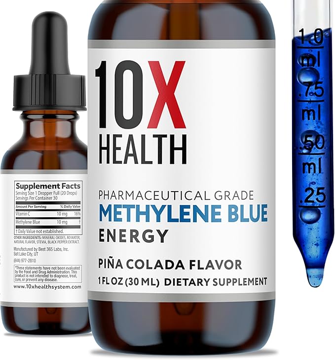 10X Health Methylene Blue Drops with Black Pepper Extract - 30ml Methylene Blue Pharmaceutical Grade Liquid - Boost Energy, Enhance Focus & Cognitive Support - Pina Colada Flavor, Vegan, Non-GMO