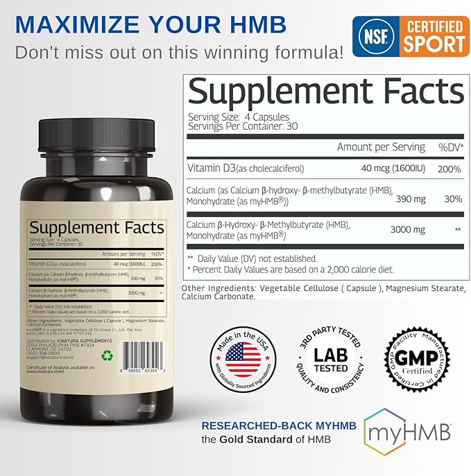 HMB 3000mg and Vitamin D3 Supplement Capsules per Serving *USA Made & Tested* Promotes Muscle Growth & Recovery - HMB Supplement and Vitamin D3 (1600 IU) - 120 Capsules 30 Servings
