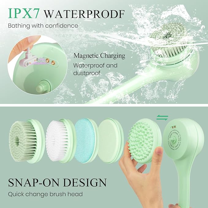 Electric Body Brush Back Scrubber for Shower, Dual Handle Auto Spinning Exfoliating Massage Bath Brush with 5 Brush Heads, Deep Cleansing, Waterproof, Rechargeable Rotating Body Brushes