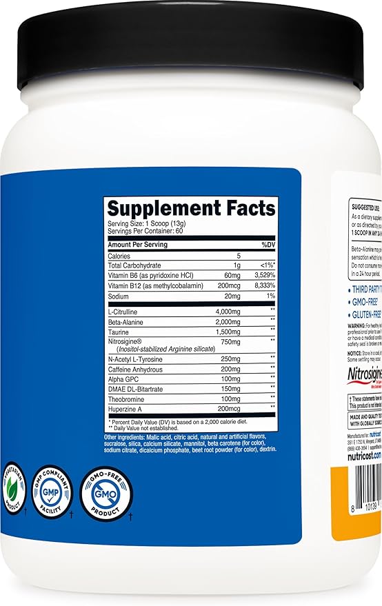 Nutricost Pre-Workout Complex Powder (60 Servings, Peach Mango) - Pre-Workout Supplement with Beta-Alanine, Taurine & Amino Acids
