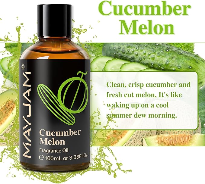100ML/3.38FL.OZ Cucumber Melon Fragrance Oils with Glass Dropper, Essential Oils for Diffusers for Home, Long Lasting Scented Oils for Diffusers Soap Candle Making