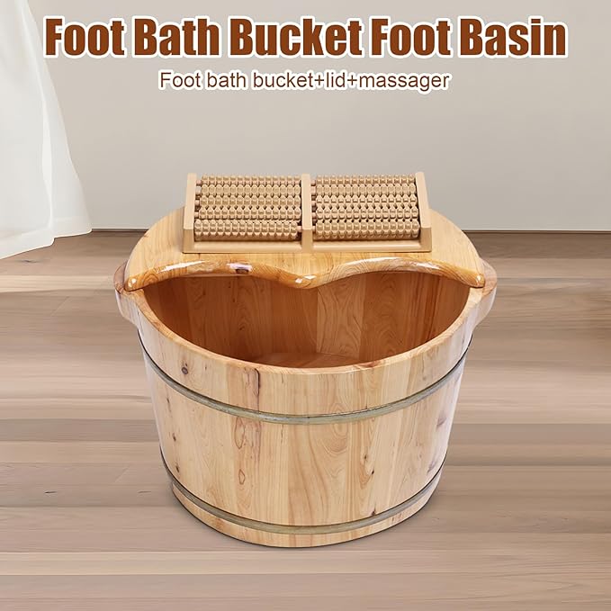 DouSeiAi Wood Foot Tub with Massager, lid and Massage Roller, Solid Wood Handmade Wooden Foot Basin Set for Soaking Feet Spa Foots Care