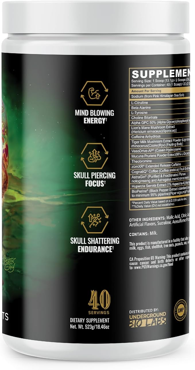 Underground Bio Labs/Panda Supps Skull Nootropic Pre-Workout, Three Caffeine Sources for Tunnel Vision Focus, Massive Pumps, Unparalled Energy (40 Scoops) (Lemon Key Lime Cherry)