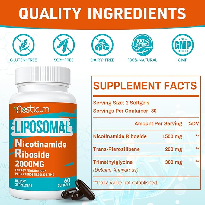 2000 MG Nicotinamide Riboside, NMNH Supplement Alternative, Liposomal NAD Nicotinamide Riboside Supplement with TMG & Pterostilbene - Boost NAD+, Energy, Focus, Immunity, Age Resist - 60 Softgels