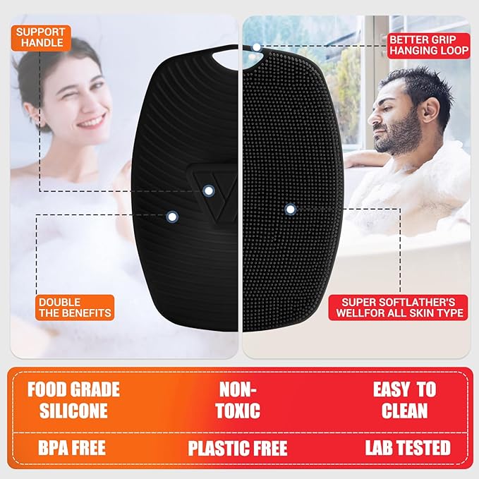 Silicone Body Scrubber Anti Slip for Shower,Zinc Infused Soft Bristles Shower Scrubber for Body Exfoliator,Hygienic,Blood Circulation - Black
