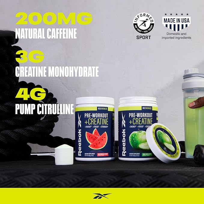 Reebok Pre-Workout Powder | 200mg Natural Caffeine, 3g Creatine Monohydrate | Clean Energy Pre Workout for Strength, Focus & Pump | Informed-Sport Certified | ReeEnergize | Sour Green Apple