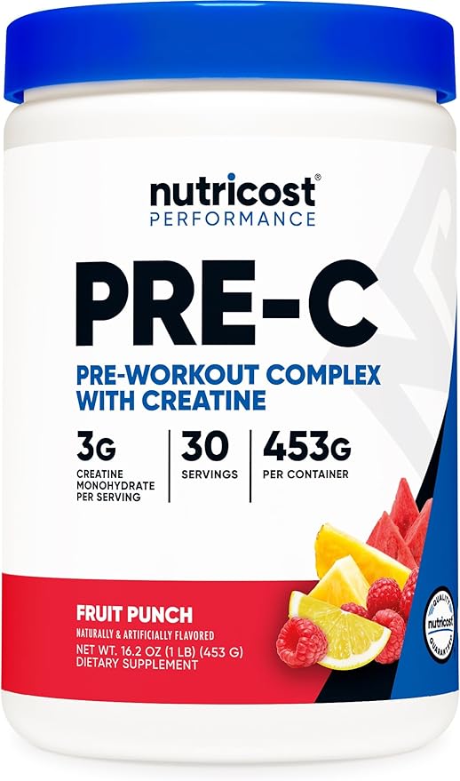Nutricost Pre-C Pre-Workout Complex with Creatine (Fruit Punch | 30 Servings) Powder - Boost Fintess Routines, 453g